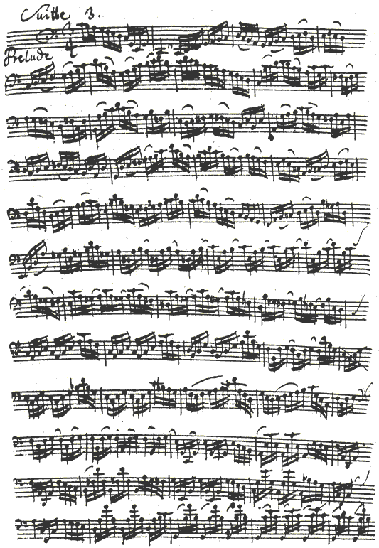 Solo Cello Suite No. 3 in C Major BWV 1009 by J.S. Bach in the Anna Magdalena manuscript: Prelude (beginning)