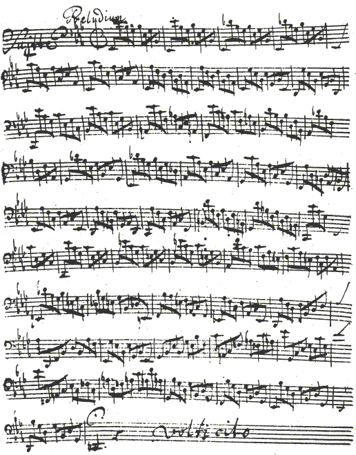 Solo Cello Suite No. 4 in E flat major BWV 1010 by J.S. Bach in the Anna Magdalena manuscript: Prelude (beginning)